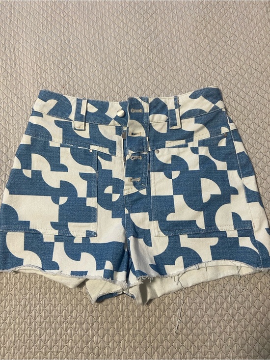 ba&sh Pants - ba&sh Blue and White Geometric Denim Shorts